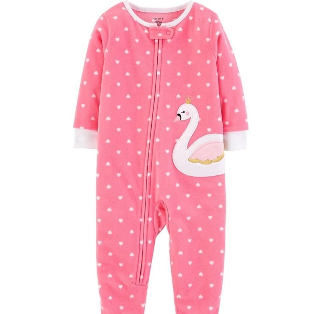 CARTER'S Baby Pink Fleece Swan One Piece Zip Up Footed Pj's
